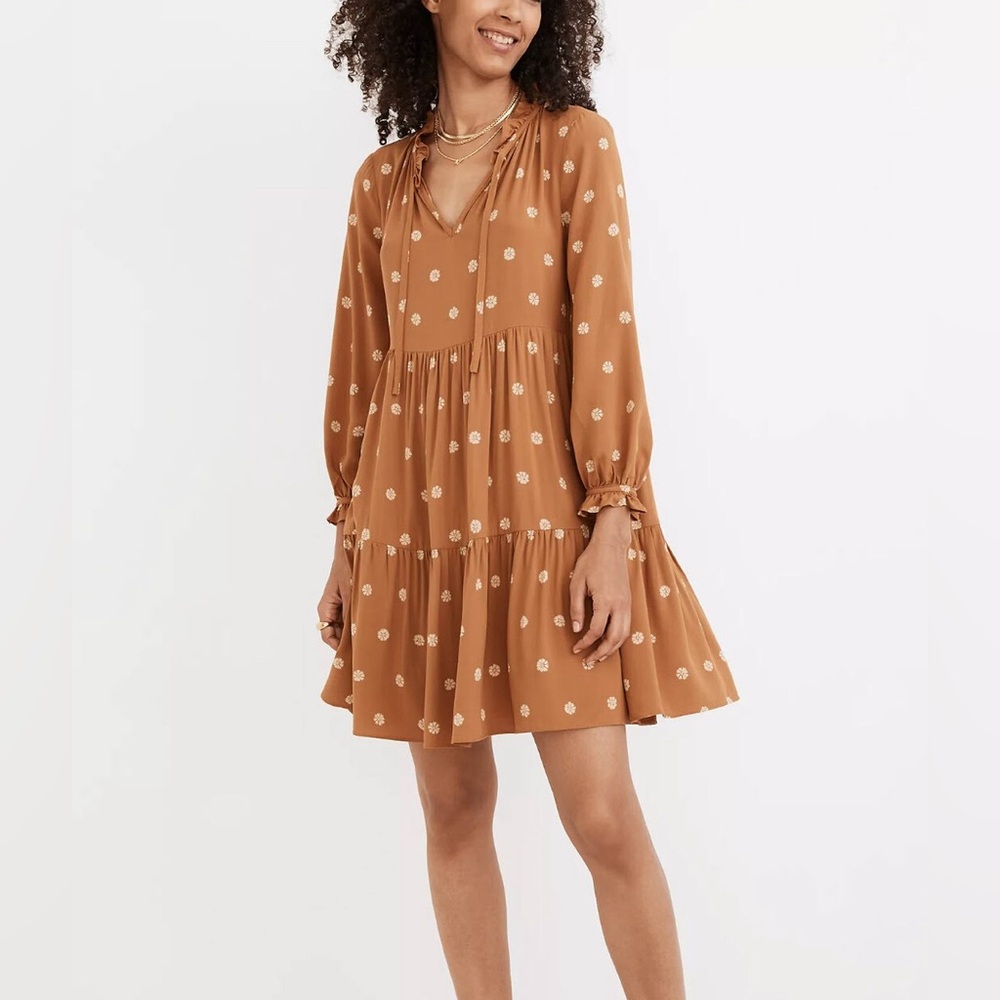 Madewell Tie-Neck Tiered Mini Dress, bloom dot warm hickory